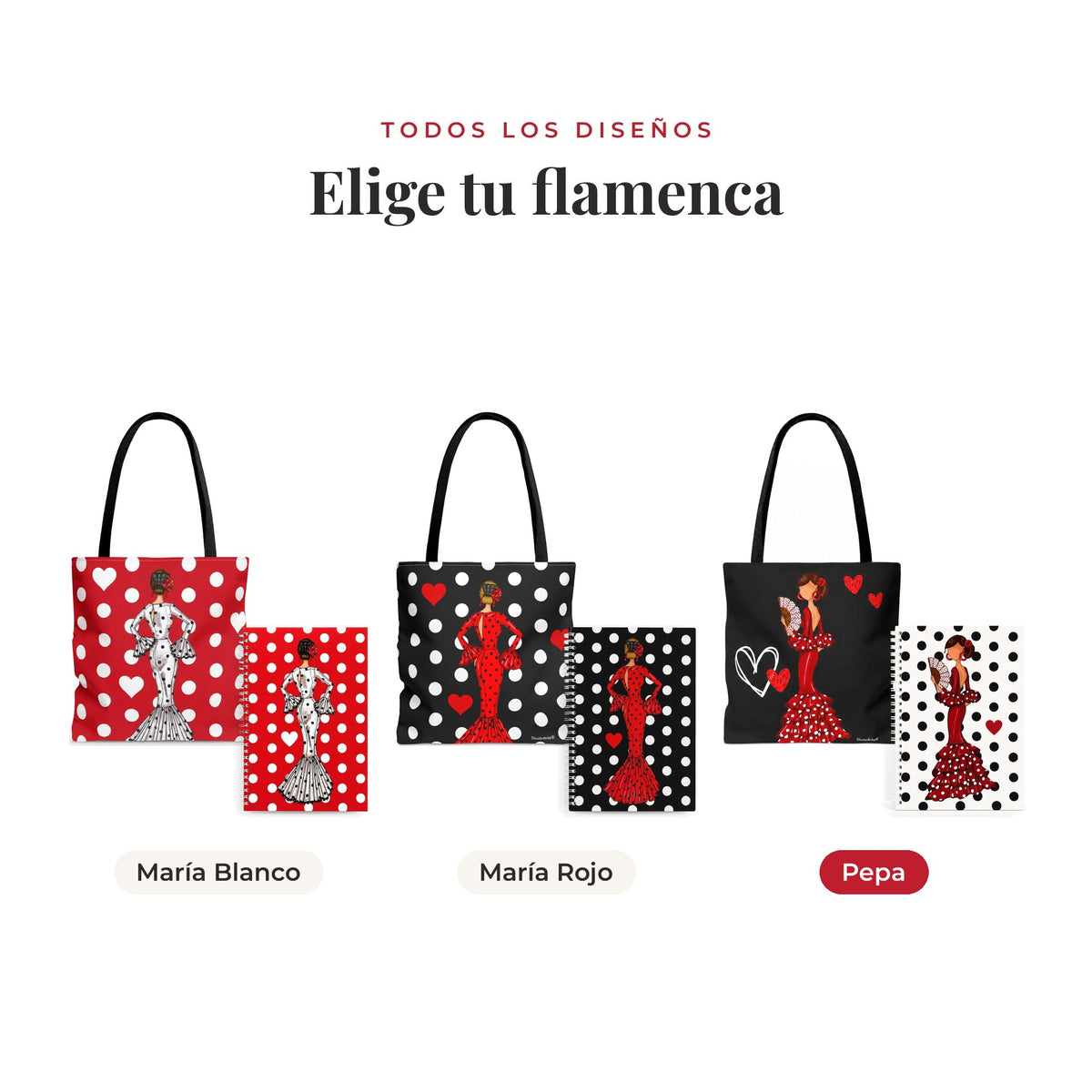 Todos los diseños del pack bolsa Málaga y libreta flamenca