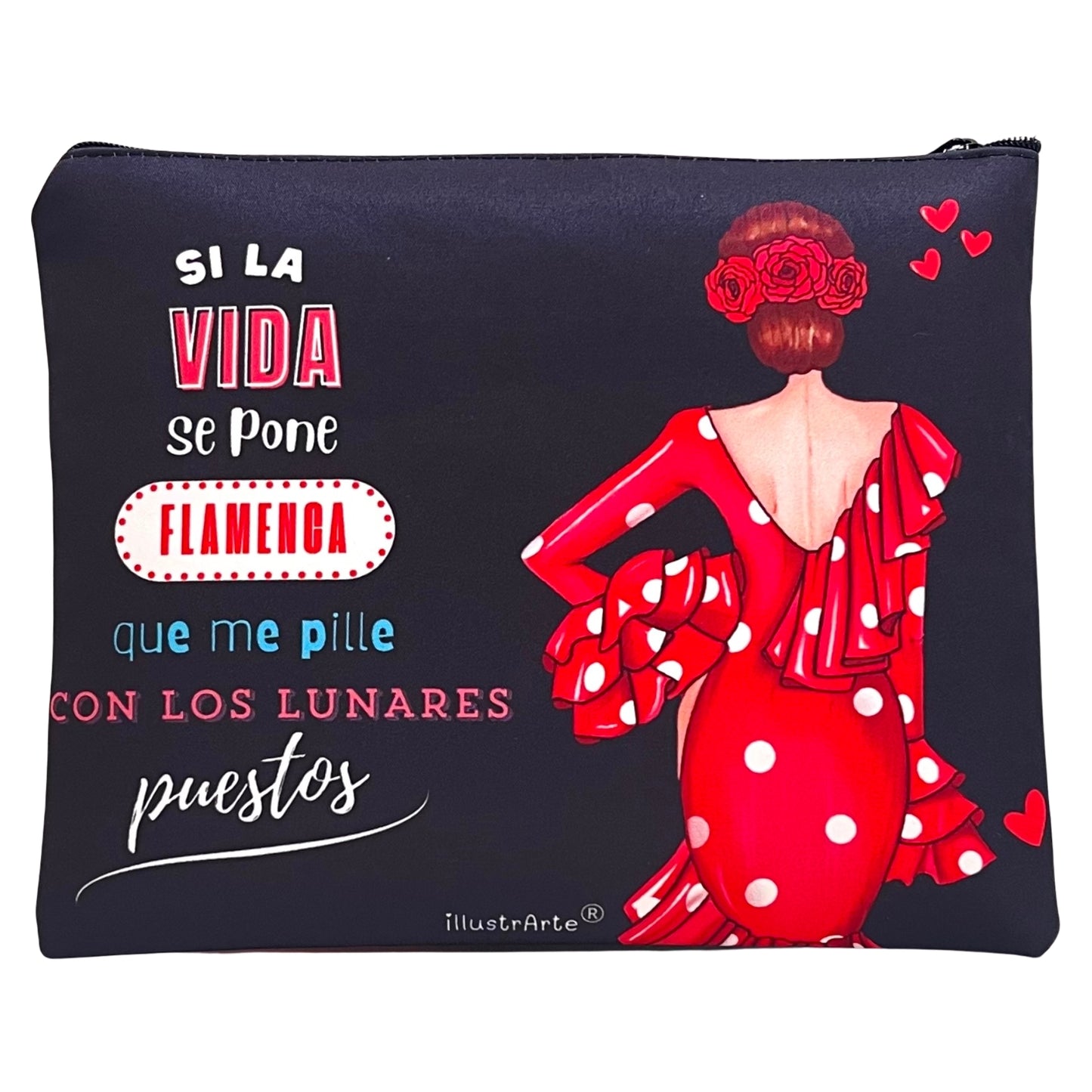 Granada “Flamenca María Blanco” Toiletry Bag or Case – Double-Sided Design – Red Background with White Polka Dots – 22x17 cm – Waterproof – Toiletry Bag, Makeup Bag or School Supplies