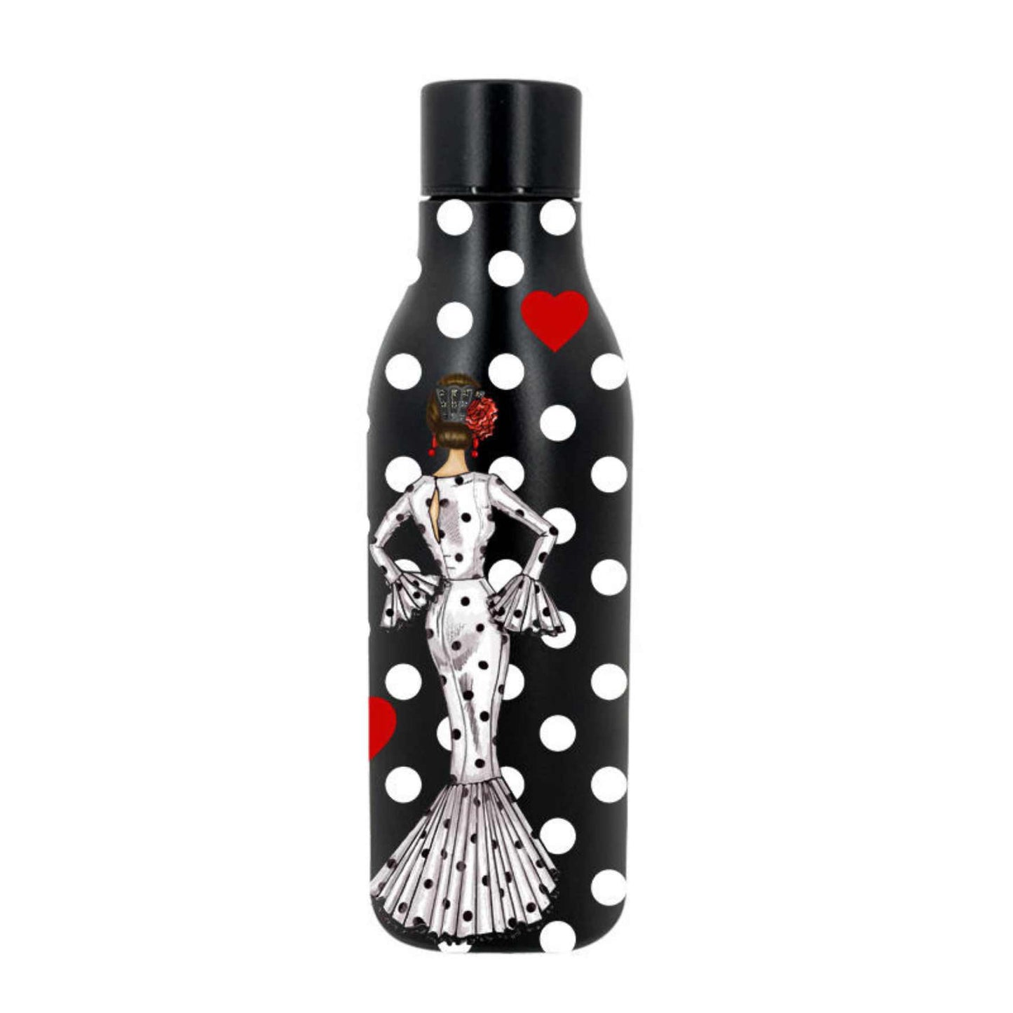 Pack Botella “María” blanco fondo rojo + Delantal “María” blanco – Diseño flamenco elegante illustrArte