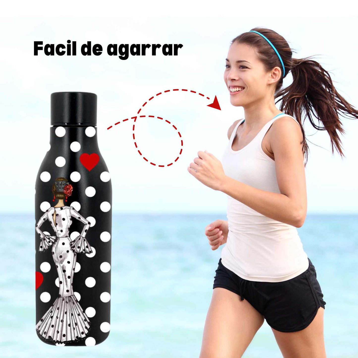 Pack Botella “María” blanco fondo rojo + Delantal “María” blanco – Diseño flamenco elegante illustrArte