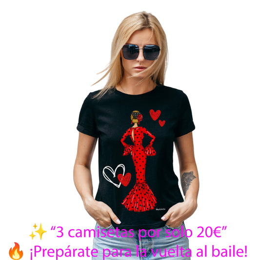 🎉3 por 20 €💃 – Camiseta Flamenca De Algodón 100% Orgánico  Ajustada -  Modelo María vestido rojo
