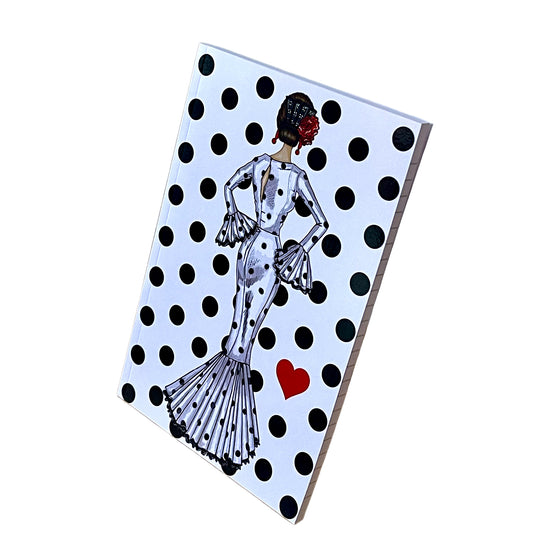 Cuaderno Flamenco “María – Lunares Negros” – 6×9” (15,24×22,86 cm) – 120 Páginas Rayadas – Diseño illustrArte