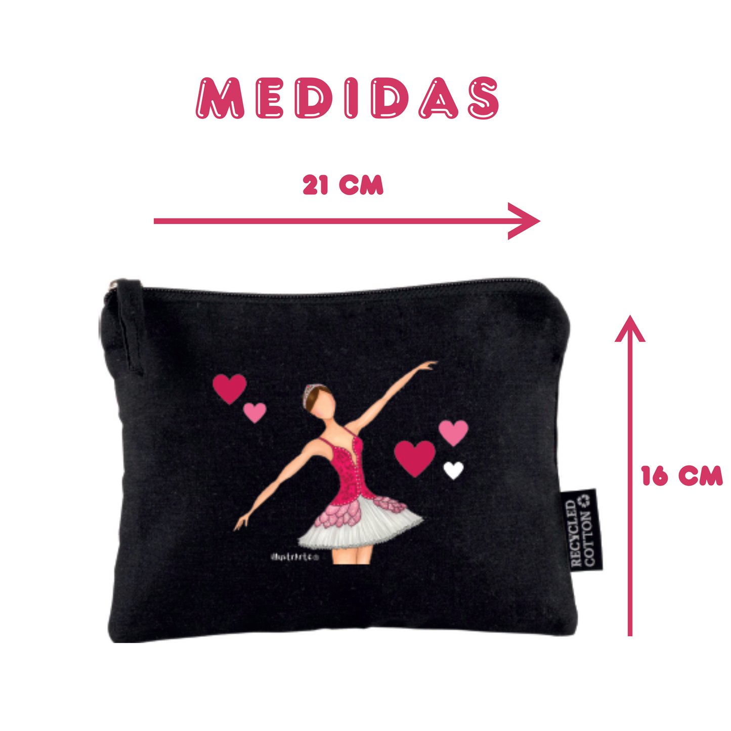 Neceser Bailarina Mariela – Estuche Cosmético de Algodón Reciclado en Negro, 21 x 16 cm, Diseño Impreso por Ambos Lados