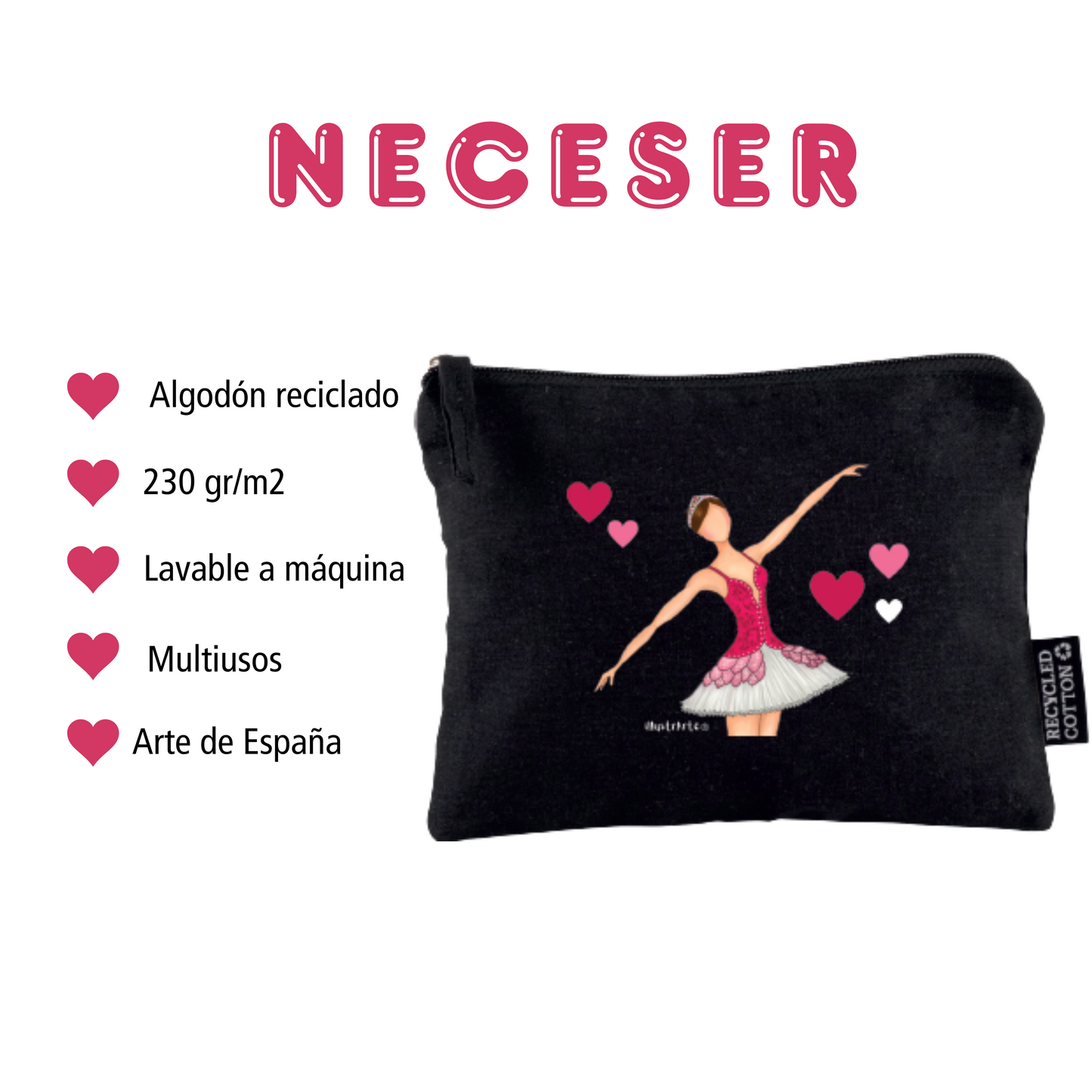 Neceser Bailarina Mariela – Estuche Cosmético de Algodón Reciclado en Negro, 21 x 16 cm, Diseño Impreso por Ambos Lados