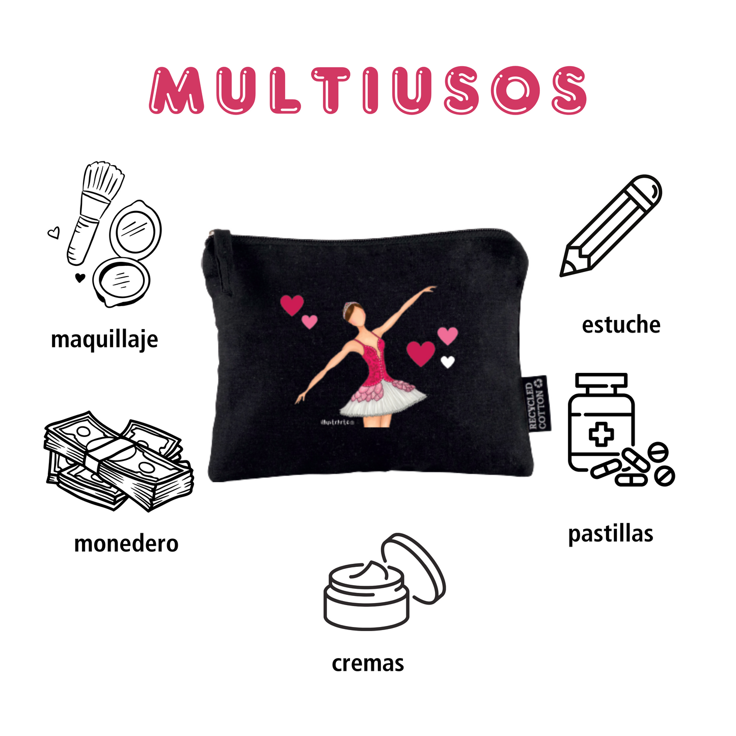 Neceser Bailarina Mariela – Estuche Cosmético de Algodón Reciclado en Negro, 21 x 16 cm, Diseño Impreso por Ambos Lados