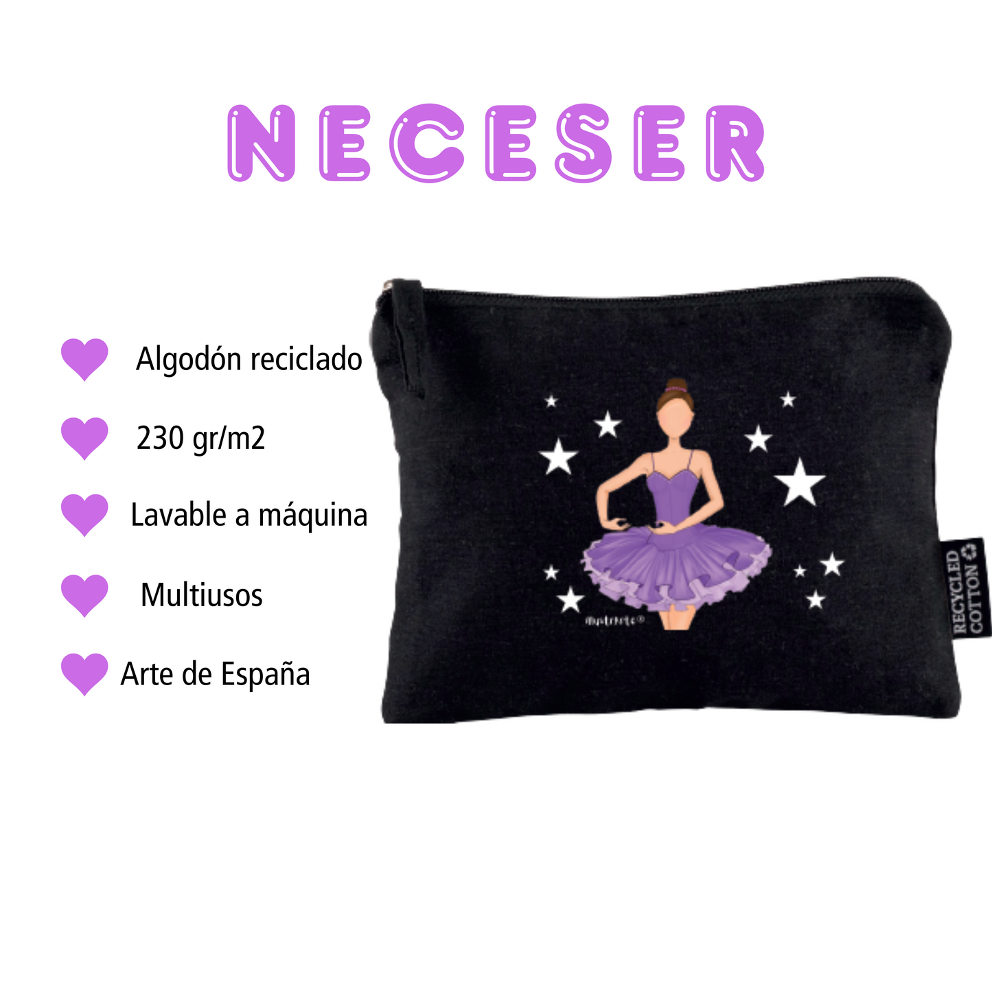 Neceser Bailarina Sara – Estuche Cosmético de Algodón Reciclado en Negro, 21 x 16 cm, Diseño Impreso por Ambos Lados