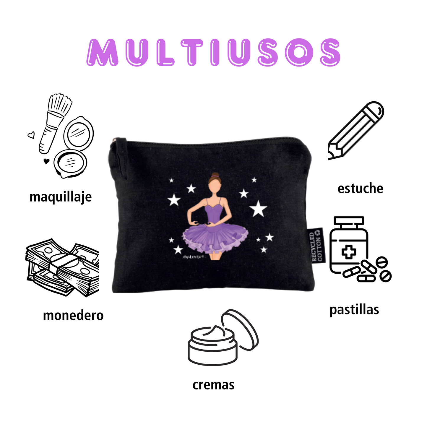 Neceser Bailarina Sara – Estuche Cosmético de Algodón Reciclado en Negro, 21 x 16 cm, Diseño Impreso por Ambos Lados