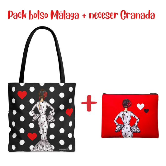 Pack Bolsa “María” Málaga blanco + Neceser “María” Granada blanco – Set flamenco con mucho arte illustrArte