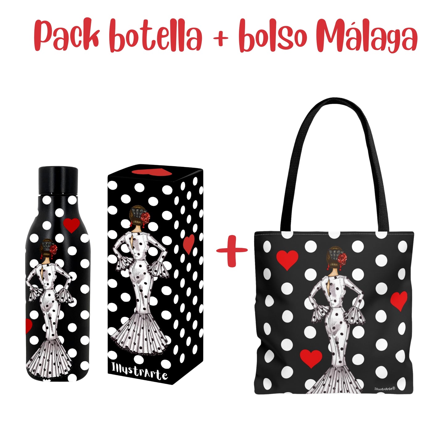 Pack Regalo Flamenca María Blanco – Botella Térmica Negra con Vestido Blanco + Bolso Málaga “María Blanco Fondo Negro”