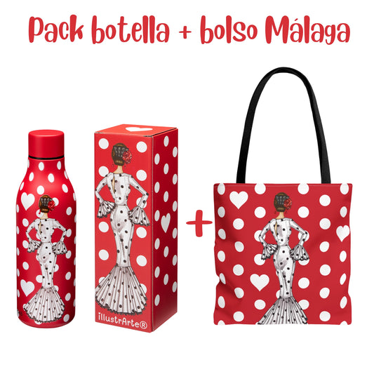 Pack Regalo Flamenca María Blanco – Botella Térmica Roja con Vestido Blanco + Bolso Málaga “María Blanco Fondo Rojo”