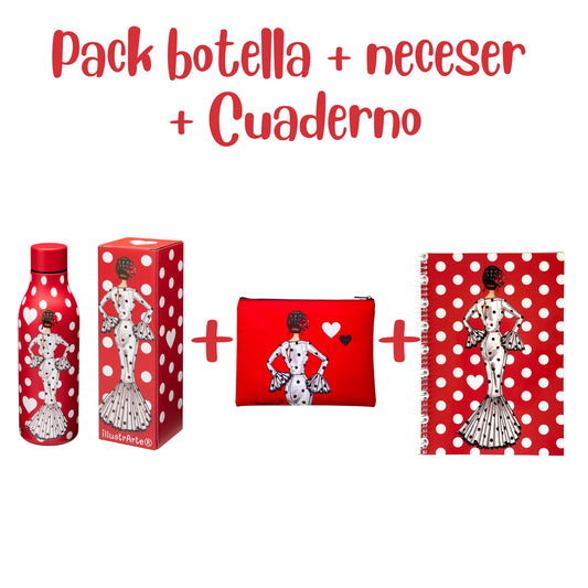 Pack Regalo Flamenca María Blanco – Botella Térmica Roja + Neceser Granada “María Blanco Fondo Rojo” + Cuaderno María Blanco