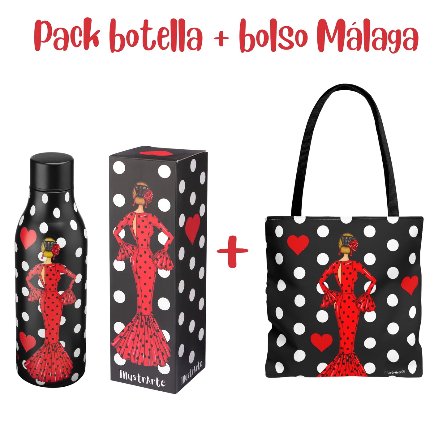 Flamenco Macarena Gift Pack – Black Thermal Bottle with Red Dress + Cádiz Bag “Macarena Red Dress”