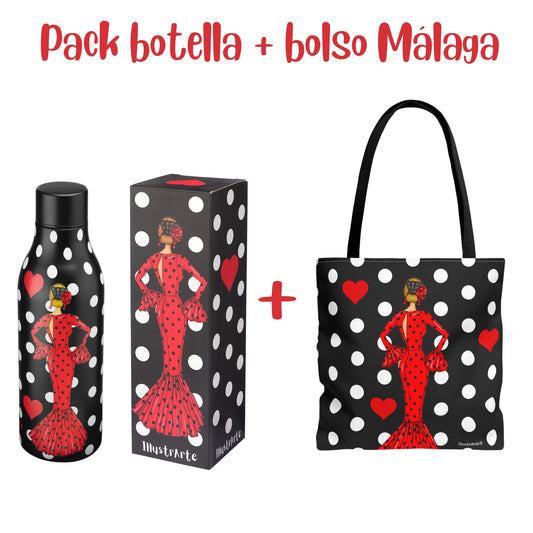 Pack Regalo Flamenca María Rojo – Botella Térmica Negra con Vestido Rojo + Bolso Málaga “María Rojo Fondo Negro”