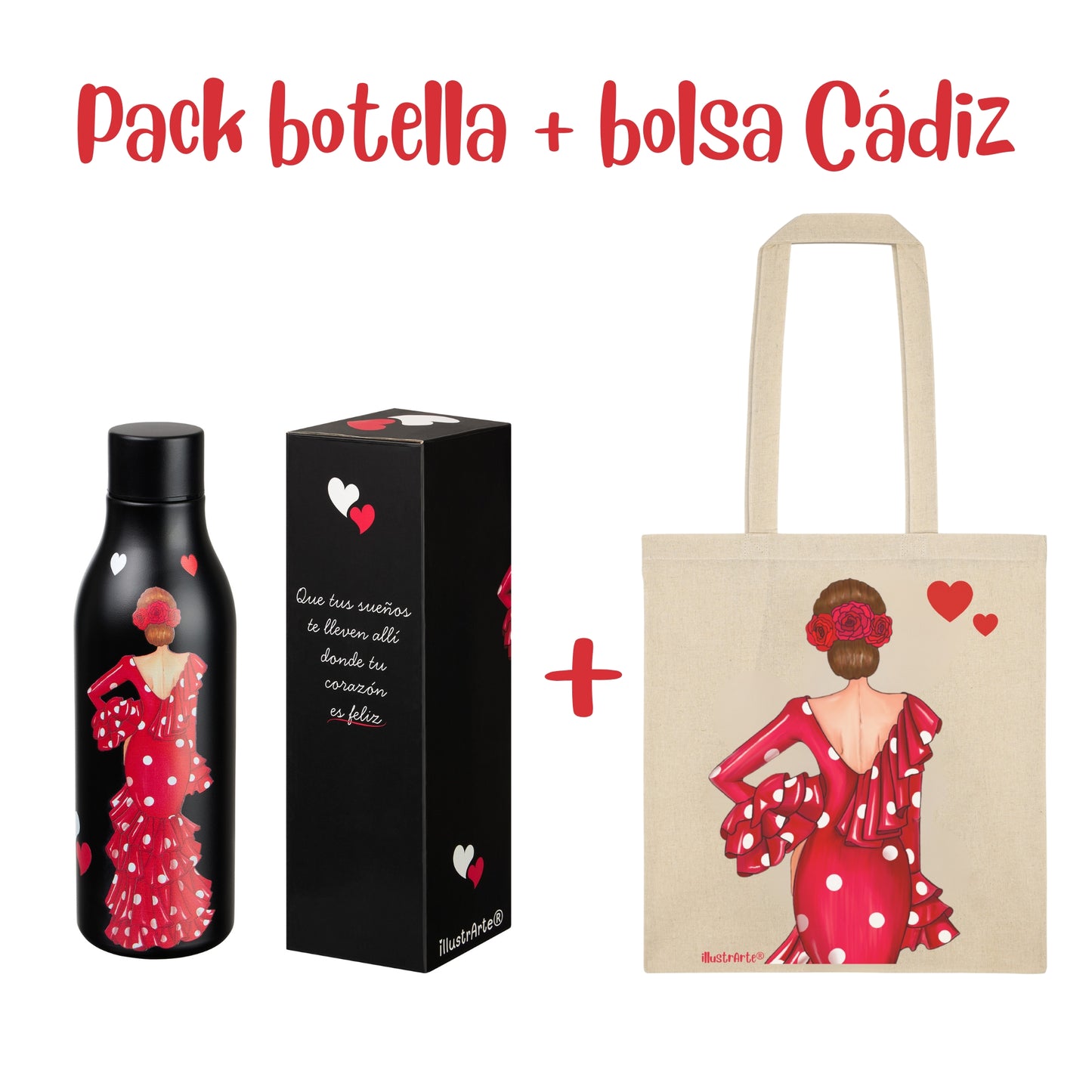 Pack Regalo Flamenca Macarena – Botella Térmica Negra con Vestido Rojo + Bolsa Cádiz “Macarena Vestido Rojo”