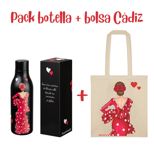 Pack Regalo Flamenca Macarena – Botella Térmica Negra con Vestido Rojo + Bolsa Cádiz “Macarena Vestido Rojo”