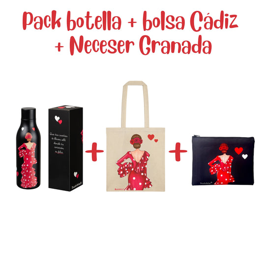 Pack Regalo Flamenca Macarena – Botella Térmica Negra con Vestido Rojo + Bolsa Cádiz “Macarena Vestido Rojo” + Neceser Granada “Macarena Fondo Negro”