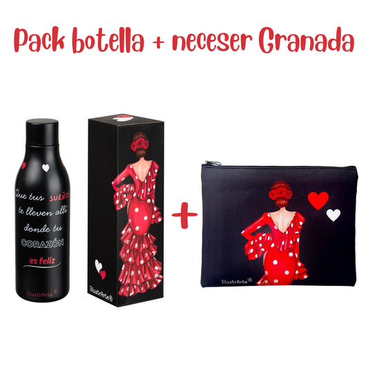 Pack Regalo Flamenca Macarena – Botella Térmica Negra con Vestido Rojo + Neceser Granada “Macarena Fondo Negro”