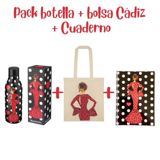 Pack Regalo Flamenca María Rojo – Botella Térmica Negra con Vestido Rojo + Bolsa Cádiz “María Rojo” + Cuaderno María Rojo