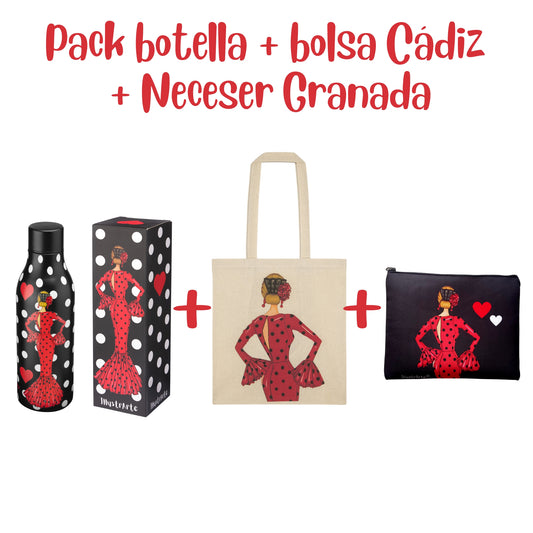 Pack Regalo Flamenca María Rojo – Botella Térmica Negra con Vestido Rojo + Bolsa Cádiz “María Rojo” + Neceser Granada “María Rojo Fondo Negro”
