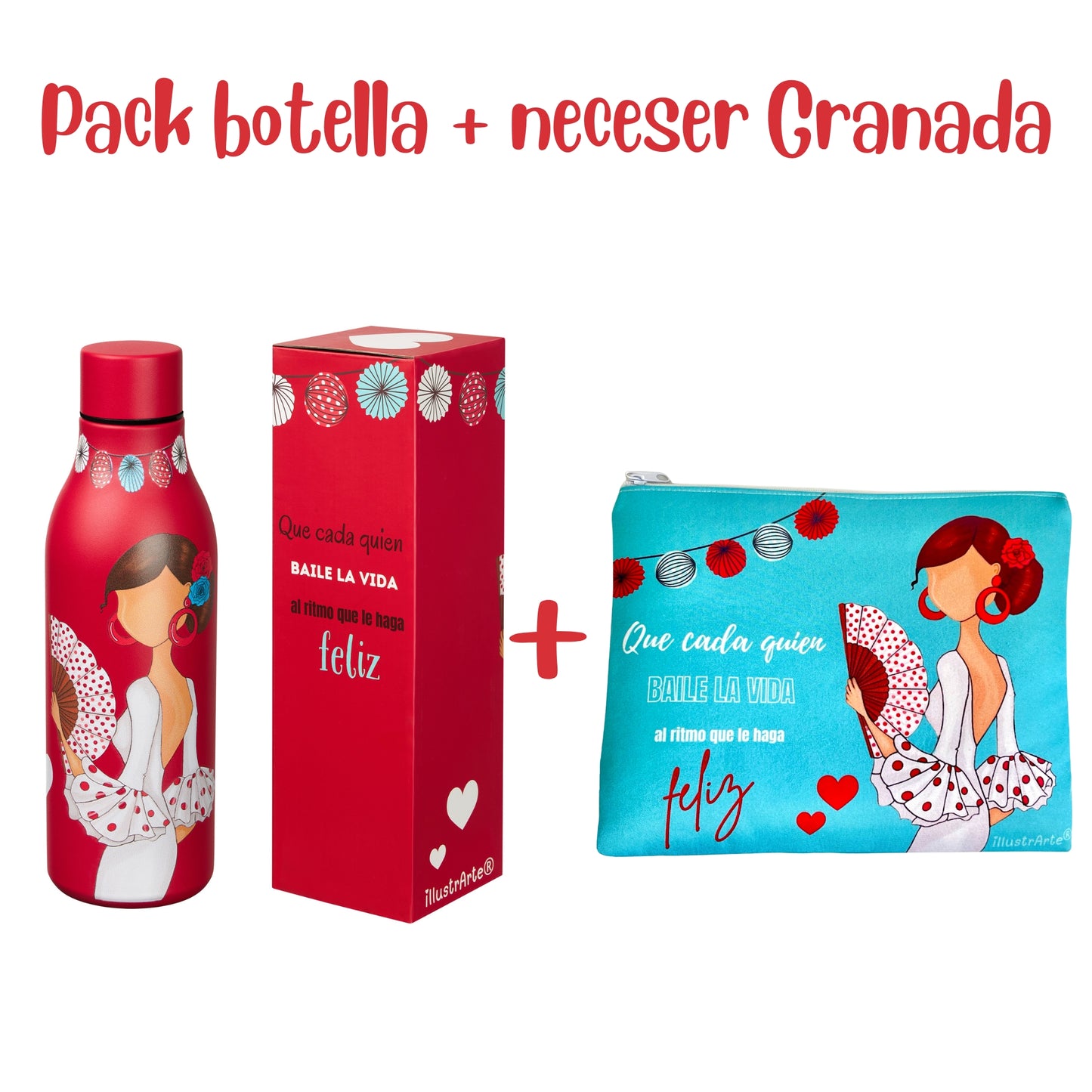 Pack Regalo Flamenca Pepa Feliz – Botella Térmica Roja con Vestido Blanco + Neceser Granada “Pepa Feliz Fondo Turquesa”