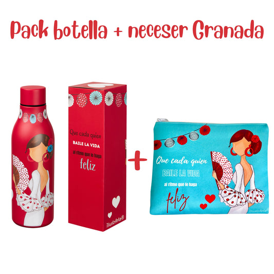 Pack Regalo Flamenca Pepa Feliz – Botella Térmica Roja con Vestido Blanco + Neceser Granada “Pepa Feliz Fondo Turquesa”
