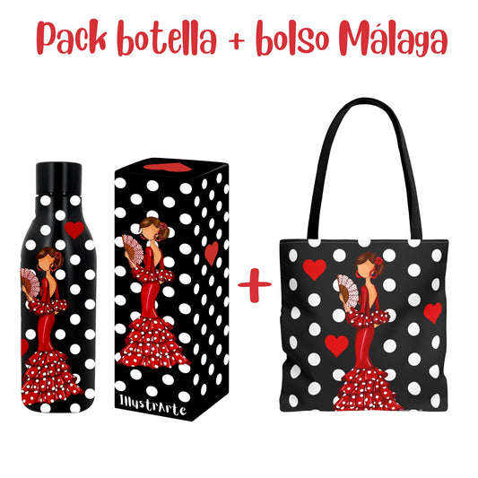 Pack Regalo Flamenca Pepa – Botella Térmica Negra con Vestido Rojo + Bolso Málaga “Pepa Vestido Rojo”