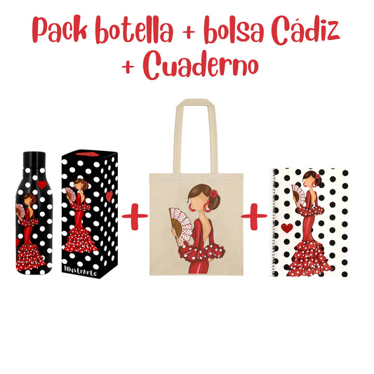 Pack Regalo Flamenca Pepa – Botella Térmica Negra con Vestido Rojo + Bolsa Cádiz “Pepa Vestido Rojo” + Cuaderno “Pepa Vestido Rojo”