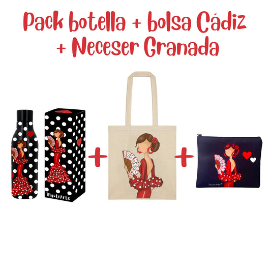 Pack Regalo Flamenca Pepa – Botella Térmica Negra con Vestido Rojo + Bolsa Cádiz “Pepa Vestido Rojo” + Neceser Granada “Pepa Vestido Rojo”
