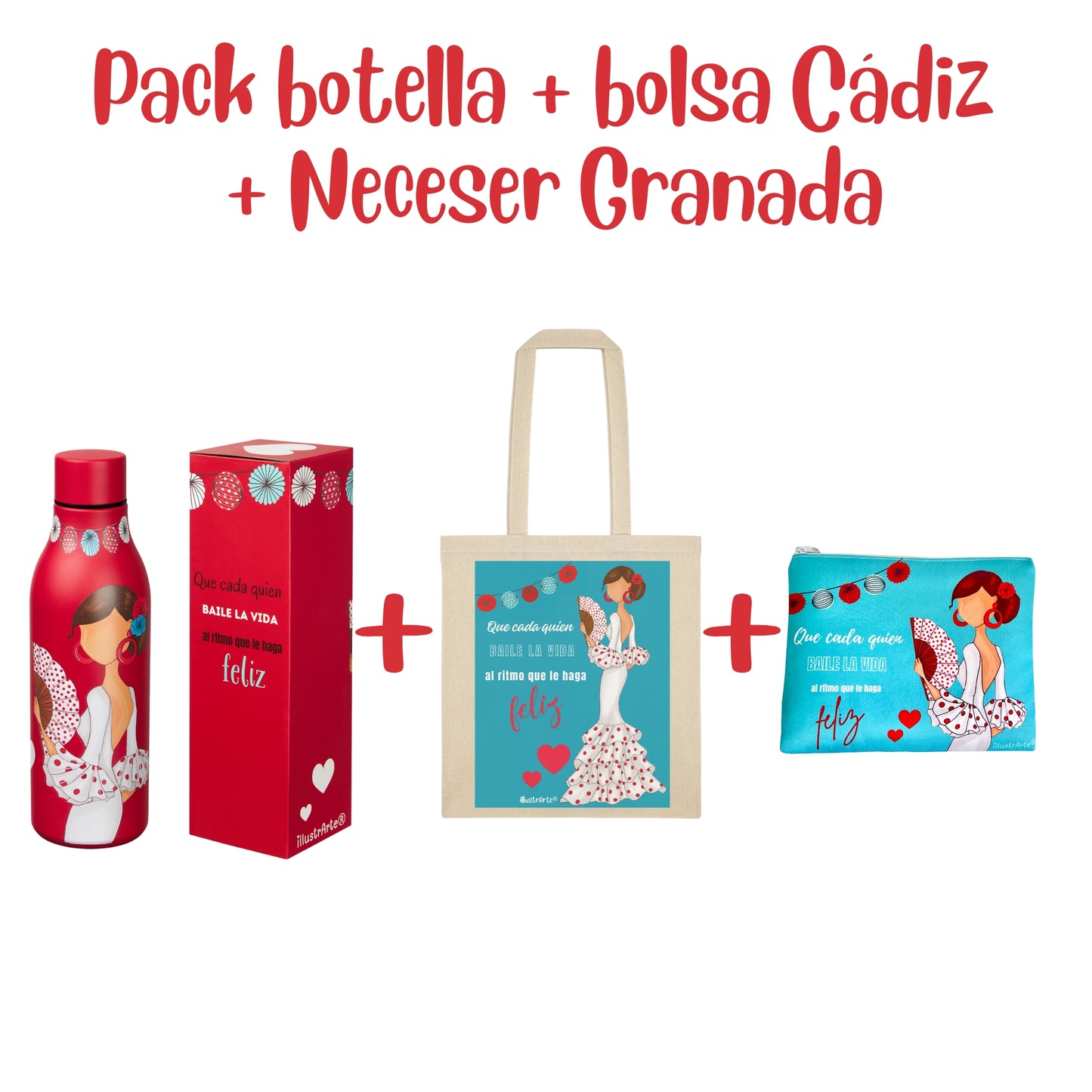 Pack Regalo Flamenca Pepa Feliz – Botella Térmica Roja + Bolsa Cádiz + Neceser Granada