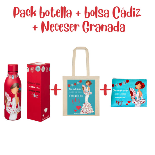 Pack Regalo Flamenca Pepa Feliz – Botella Térmica Roja + Bolsa Cádiz + Neceser Granada