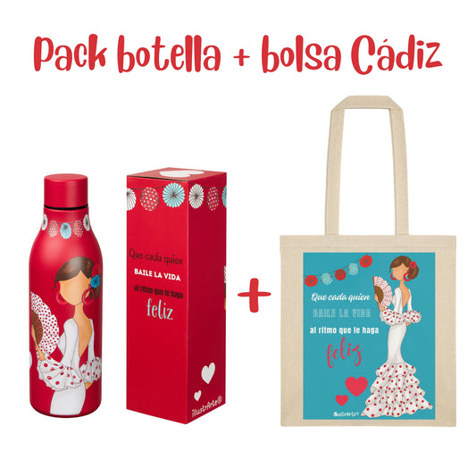 Pack Regalo Flamenca Pepa Feliz – Botella Térmica Roja con Vestido Blanco + Bolsa Cádiz “Pepa Feliz Fondo Turquesa”