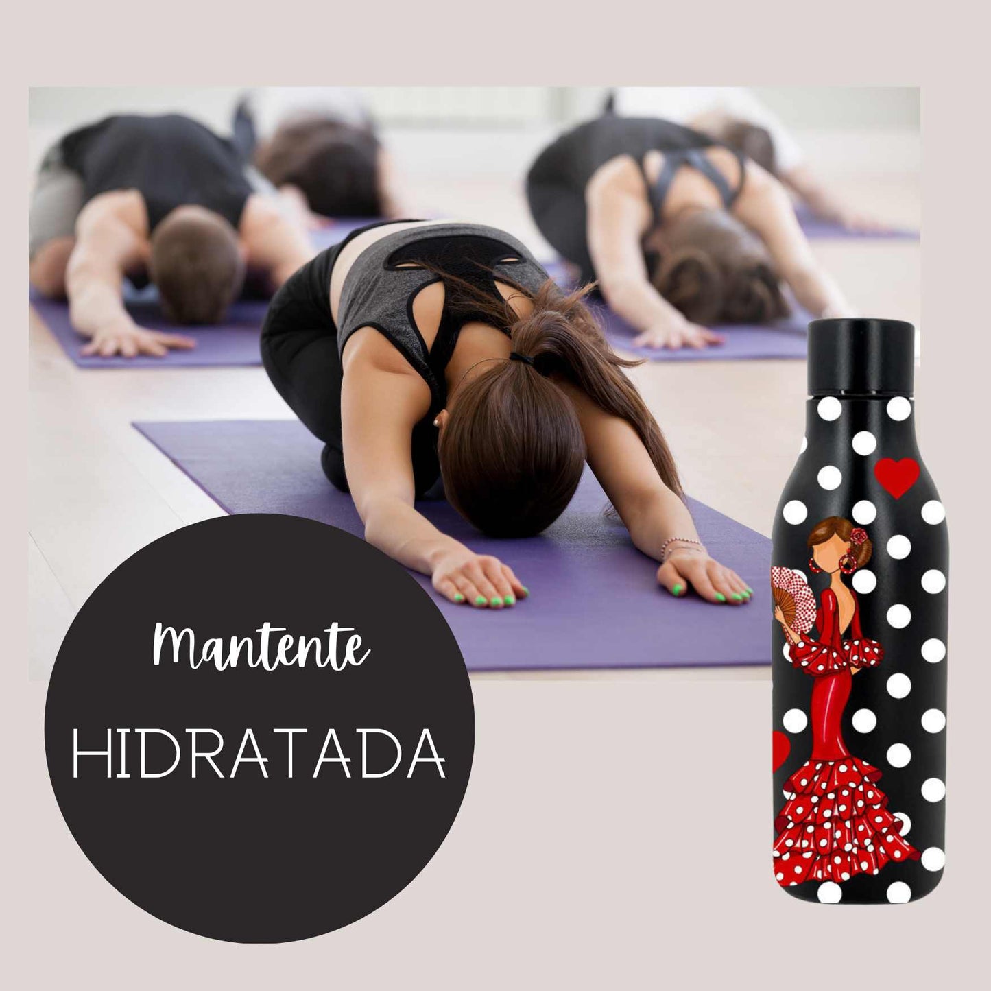 Pack Regalo Flamenca Pepa – Botella Térmica Negra con Vestido Rojo + Bolso Málaga “Pepa Vestido Rojo”