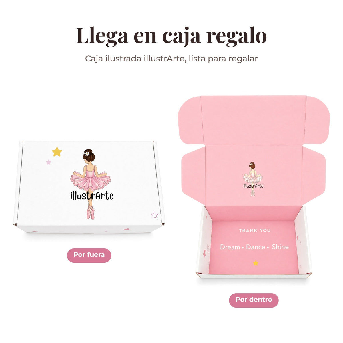 Pack en caja regalo illustrArte bailarina: caja ilustrada por fuera y por dentro