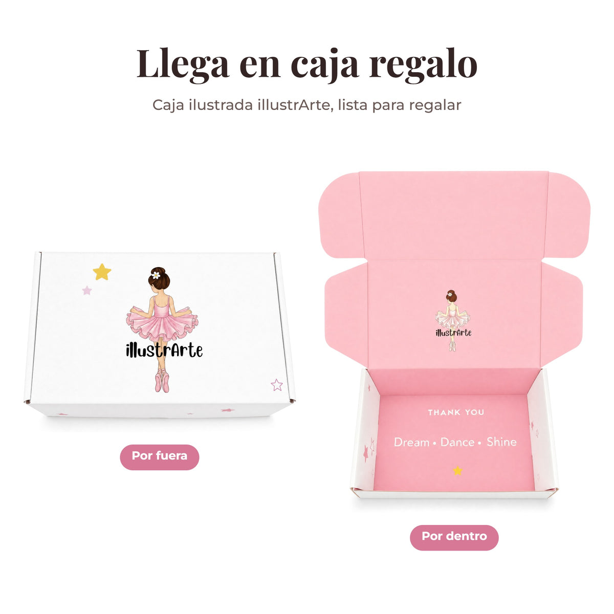 Pack en caja regalo illustrArte bailarina: caja ilustrada por fuera y por dentro