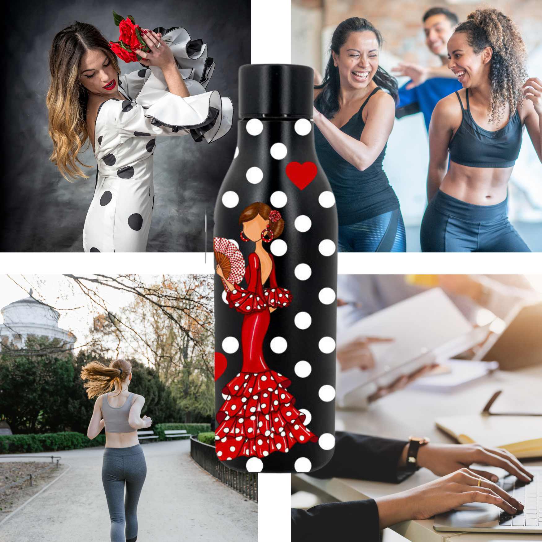 a collage of photos with a woman in a polka dot dress