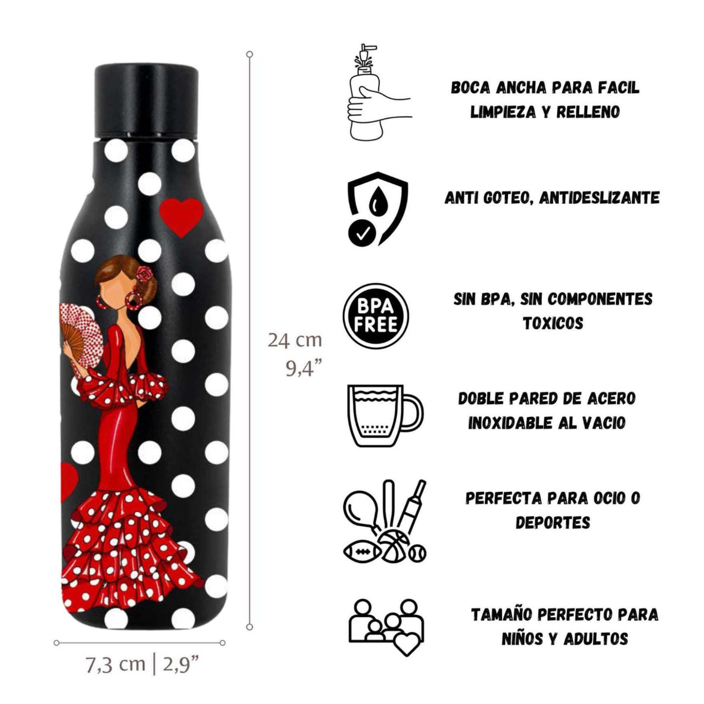 Pack Regalo Flamenca Pepa – Botella Térmica Negra con Vestido Rojo y Abanico + Bolsa Cádiz de Algodón “Pepa Rojo”