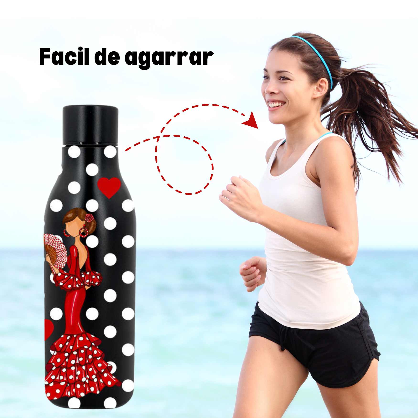 a woman running next to a water bottle