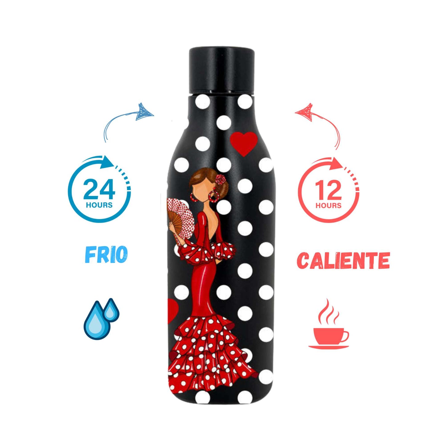 a black and white polka dot bottle with a lady in a red dress