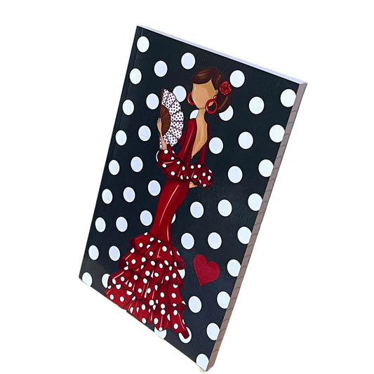 Cuaderno Flamenco “Pepa – Fondo Negro con Lunares Blancos” – 6×9” (15,24×22,86 cm) – 120 Páginas Rayadas – Diseño illustrArte