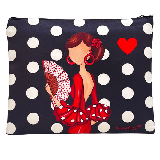 Granada “Flamenca María Blanco” Toiletry Bag or Case – Double-Sided Design – Red Background with White Polka Dots – 22x17 cm – Waterproof – Toiletry Bag, Makeup Bag or School Supplies