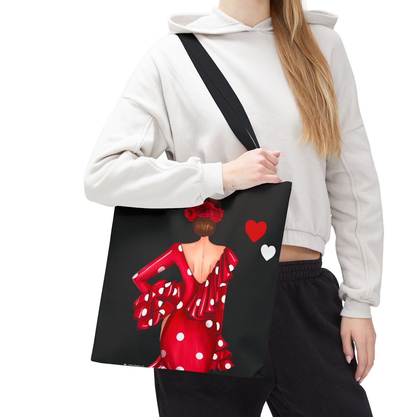 👜 illustrArte Bolsa Tote Málaga Diseño Flamenca “Macarena” Roja con Lunares | Poliéster 400 g/m² (43 x 43 cm) | Impresión a Doble Cara | Asas de 60 cm | Bolso Reutilizable y Resistente