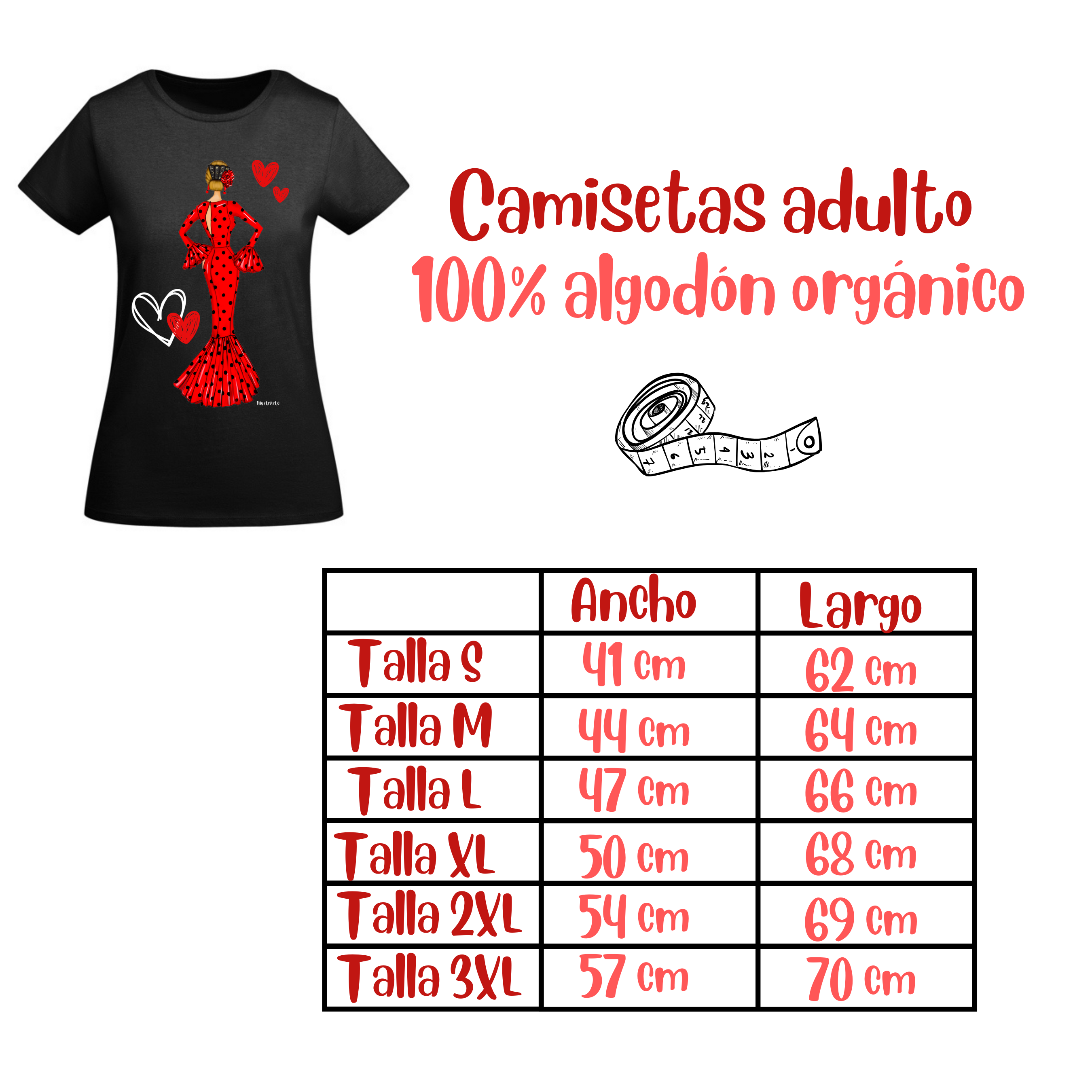 Camiseta Flamenca De Algodón 100% Orgánico Ajustada - Modelo María vestido rojo, vista frontal mostrando el diseño elegante y femenino.