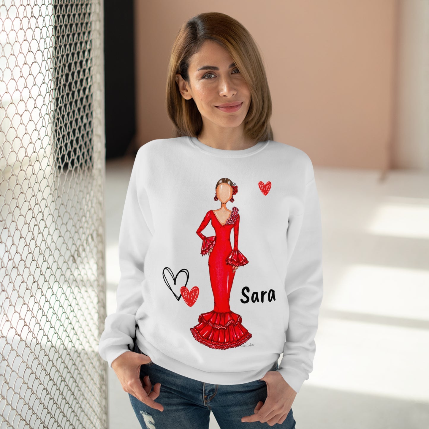 Flamenco lovers white Crewneck Sweatshirt, beautiful flamenco dancer in a red dress with hearts. - IllustrArte