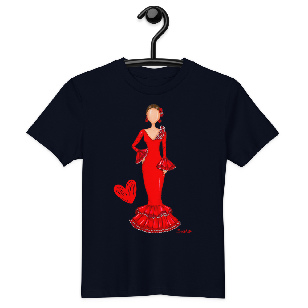 una camiseta con una imagen de una mujer en un vestido rojo