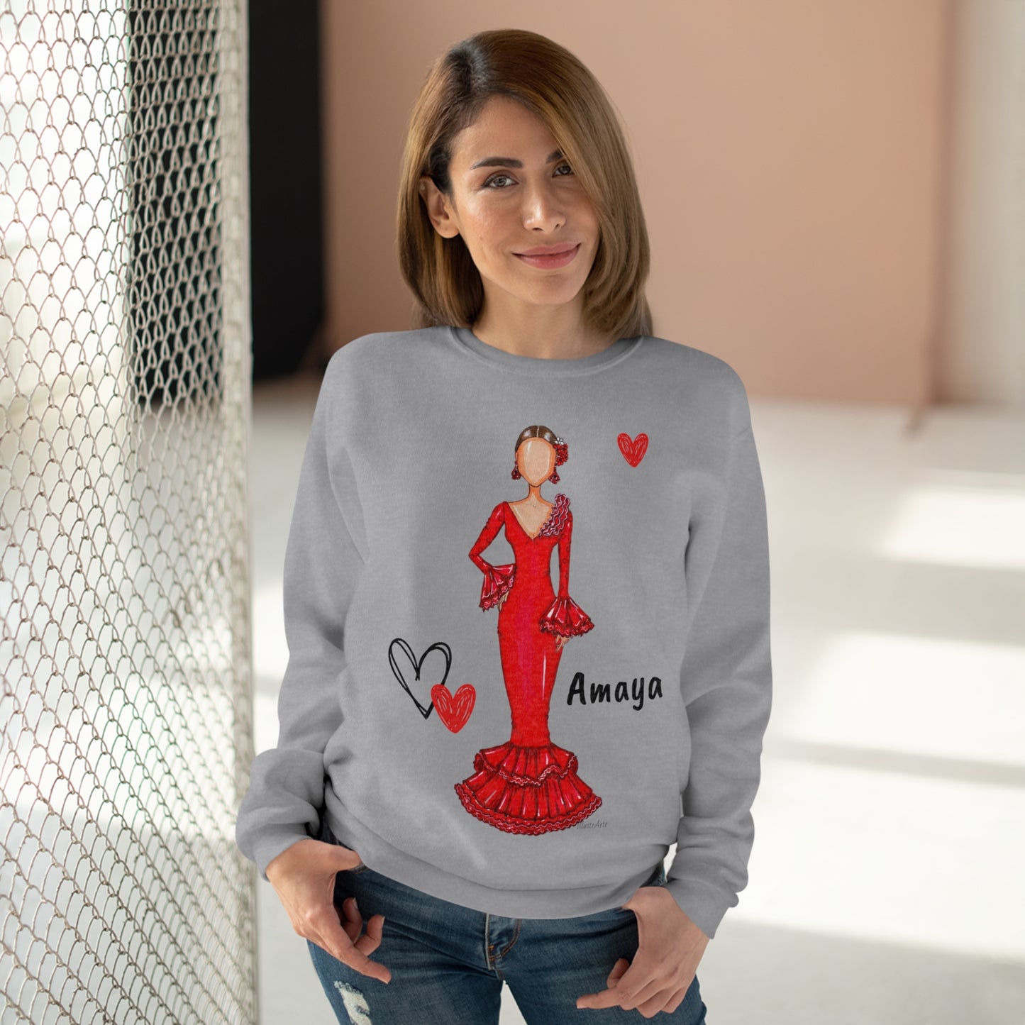 Flamenco lovers customizable gray Crewneck Sweatshirt, beautiful flamenco dancer in a red dress with hearts. - IllustrArte