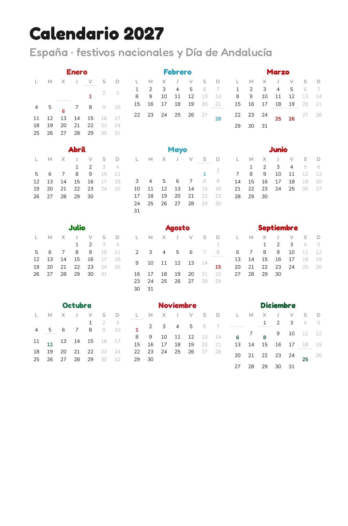 Calendario 2027 con festivos
