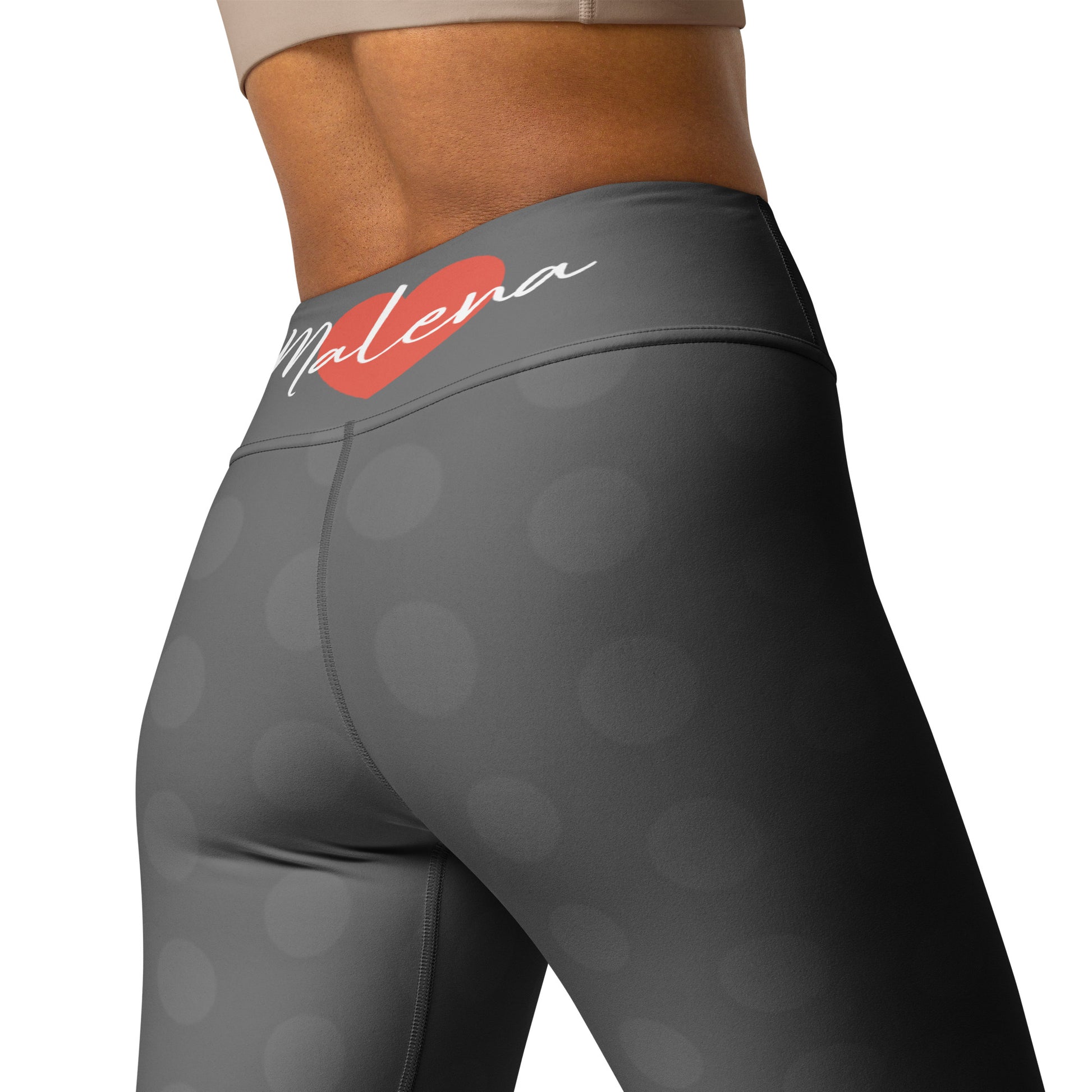 Flamenco Dancer Leggings, gray high waisted yoga leggings with a white dress and black polka dots design. - IllustrArte