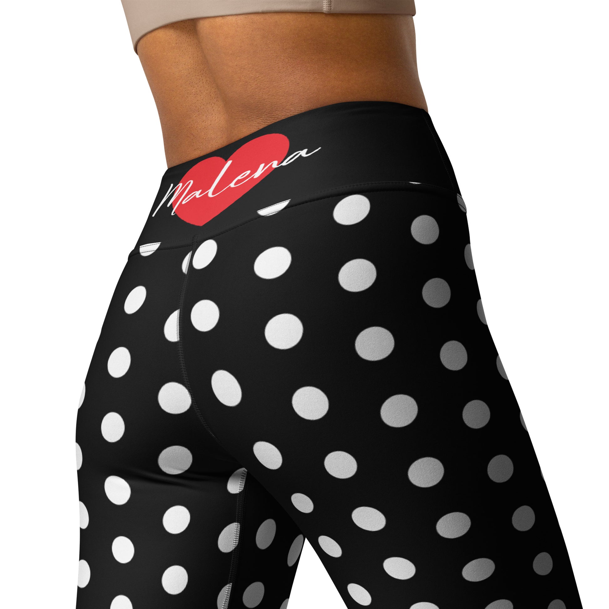 Flamenco Dancer Leggings, black with white polka dots high waisted yoga leggings with a red dress design - IllustrArte