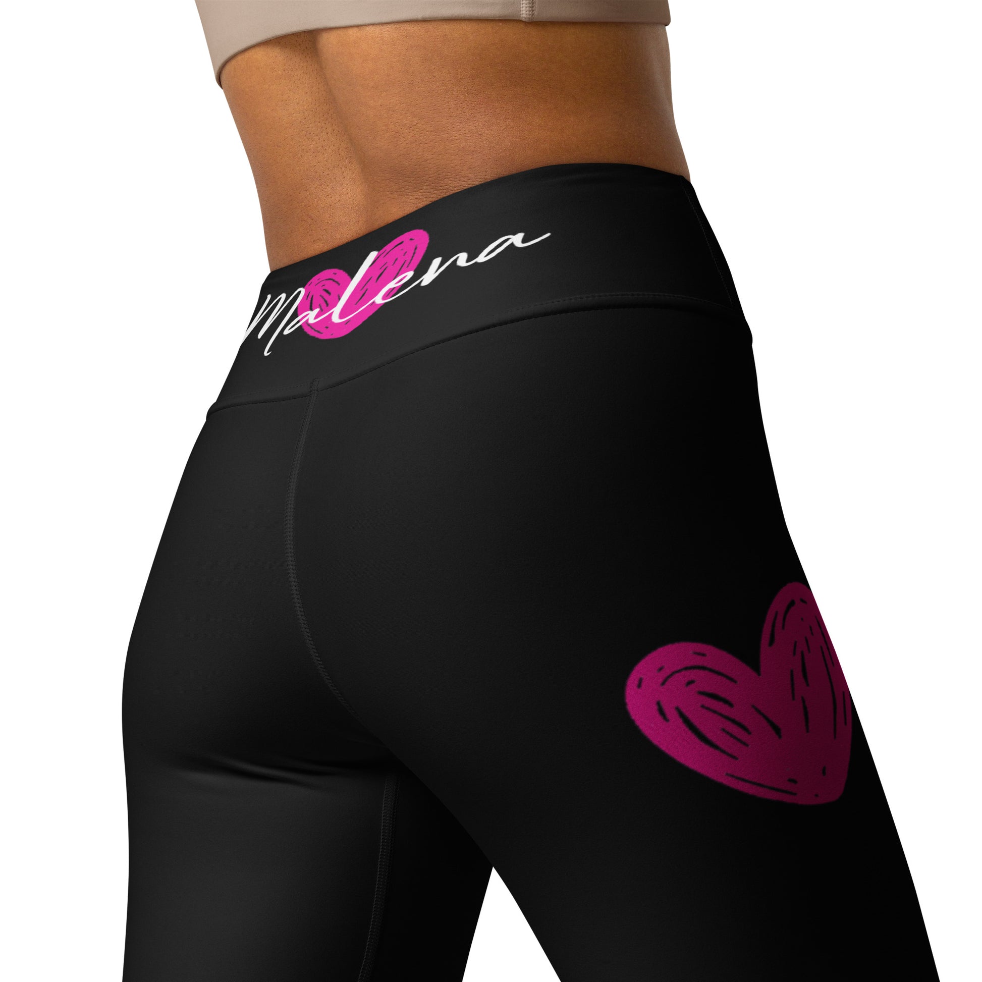 Flamenco Dancer Leggings, black high waisted yoga leggings with a pink dress and pink hearts design - IllustrArte