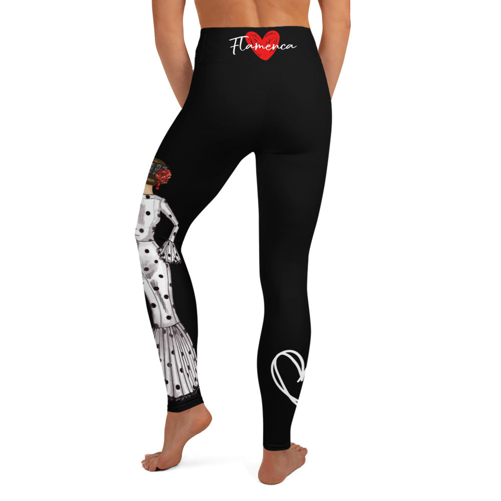 Flamenco Dancer Leggings, black high waisted yoga leggings with a flamenco dancer in a white dress. - IllustrArte